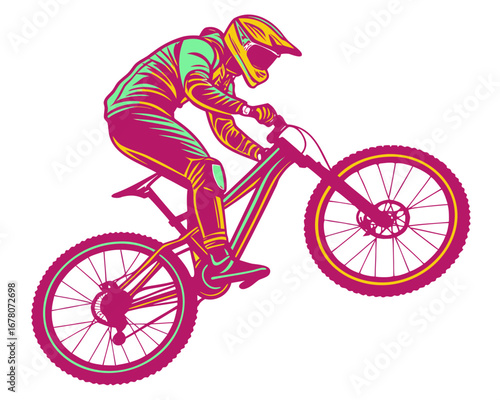 Silhouette of a mountain biker, dynamic action, vector illustration