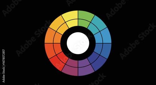 A circular color wheel is displayed against a black backdrop with hues ranging from red to violet surrounding a central white circle