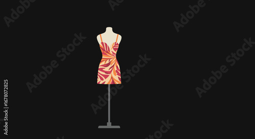 A dress with floral print is on a mannequin against a black background