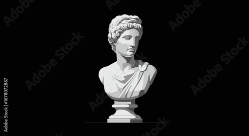 A gray bust of a person with draped fabric on a black background