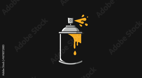 A grey  black aerosol spray can shooting yellow paint
