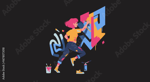 A pinkhaired artist energetically paints graffiti on a wall with supplies scattered on the ground