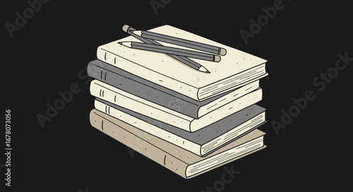 A stack of five books with three pencils resting on top against a dark background