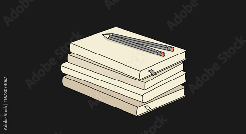 A stack of four books with two pencils on top against a dark background