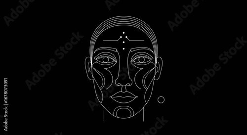 A white line drawing of a face with geometric details on a black background