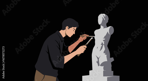 An artist carves a torsoshaped sculpture with chisels on a black background