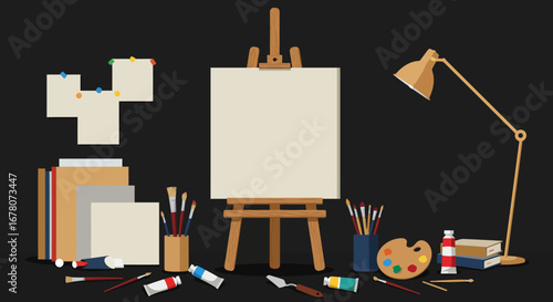 Artists setup with easel blank canvas lamp paint tubes brushes and papers against a black backdrop