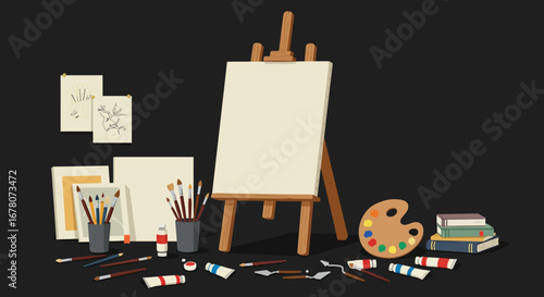 Art setup canvas on easel palette brushes paints sketches books on dark background