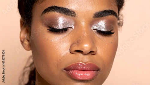 Close-up of a woman with shimmering eyeshadow