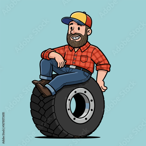 Bearded man in plaid shirt sits relaxed on a rugged tire, blending warmth with mechanical charm.