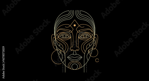 Golden line art of a face with intricate geometric designs and circular earrings against a black background