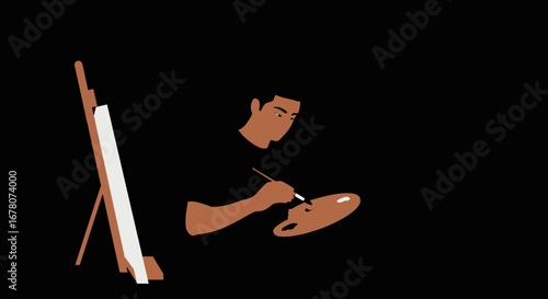 Man painting on canvas Easel palette brush visible Dark background