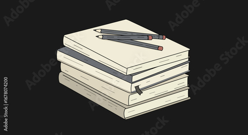 Stack of four books with three pencils resting on top dark background