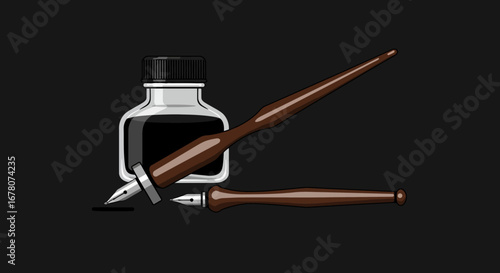Still life of a clear inkwell two pens and a dribble of ink against a black background
