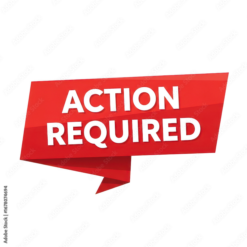 Fototapeta premium Red ribbon banner with action required text isolated on transparent background