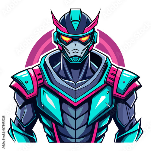 Cyborg Warrior with Neon Visor and Layered Armor in Futuristic Esport Style