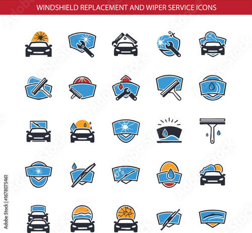 Car Windshield Replacement and Wiper Service Icon Set – Colorful Flat Vector Design