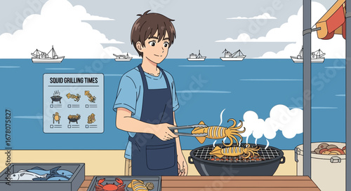 Coastal Culinary Venture: Young Vendor Grilling Squid by the Serene Ocean