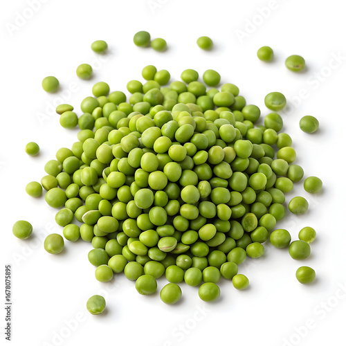 Close-up of green lentils isolated on a white background, showing their round shape, muted green color,