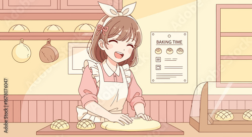Charming anime girl joyfully kneading dough in a cozy bakery setting