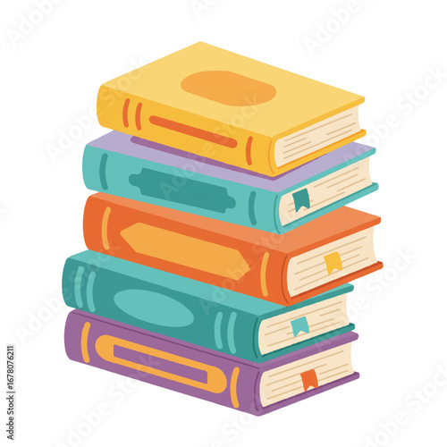 A vibrant and playful flat 2D illustration depicts a charming stack of cute, colorful scientific and fiction literature, perfect for educational themes.