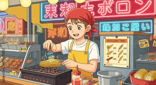An animated character preparing grilled corn at a vibrant street food stall
