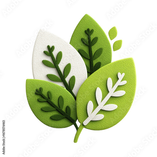 Textured Green And White Leaves With Dark Green Stems Transparent Background Stylized Foliage Design