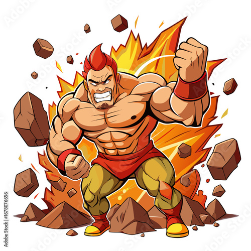 Strongman Mascot Mid-Roar with Glowing Arms and Muscular Cartoon Form