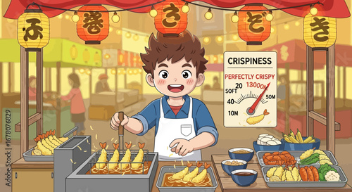 Tempura master frying shrimp at a lively japanese street food vendor stall
