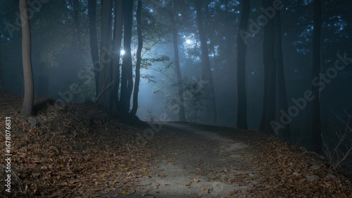 A foggy forest path illuminated by distant lights creating an eerie and mysterious atmosphere at night