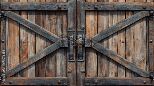 Close up of an old wooden door with metal hinges and cross braces in a rustic style design element