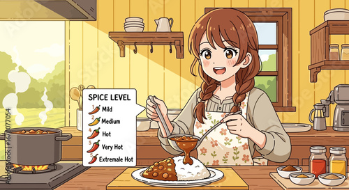 Illustration of cheerful girl cooking spicy curry, spice level guide included