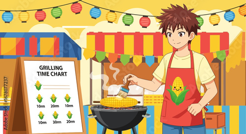 Enthusiastic anime vendor grilling corn at a festive market, a summer carnival food stall scene