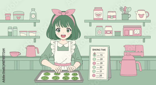 Anime-styled girl happily baking matcha cookies in her pastel-themed kitchen