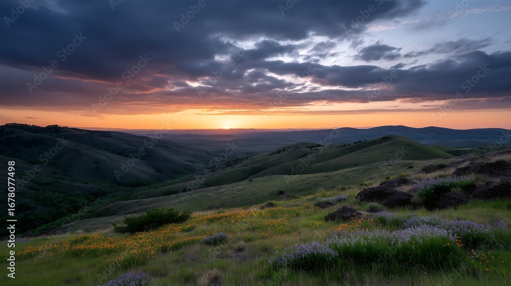 Naklejka premium Rolling hills covered in wildflowers under a dramatic sunset sky