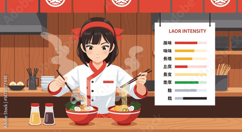Animated female chef preparing steaming bowls of ramen with flavor intensity guide
