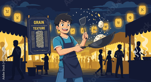 Enthusiastic cook tossing fried rice at a vibrant Asian street food market scene