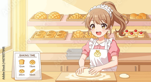 Anime style illustration of a baker girl kneading dough in a bakery shop
