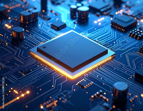 Close-up of a central processing unit (CPU) on a circuit board with glowing pathways, showcasing technology and connectivity.