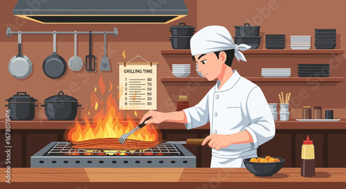 Passionate chef grilling food with fiery intensity in a professional kitchen setting