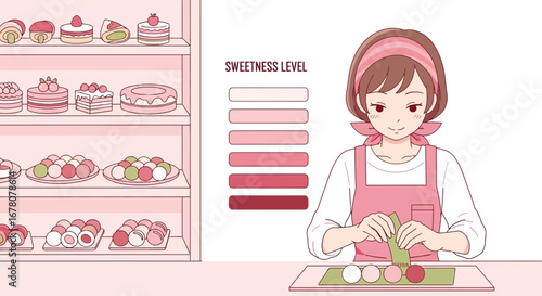 Illustration of a confectioner with sweets representing sweetness level for desserts