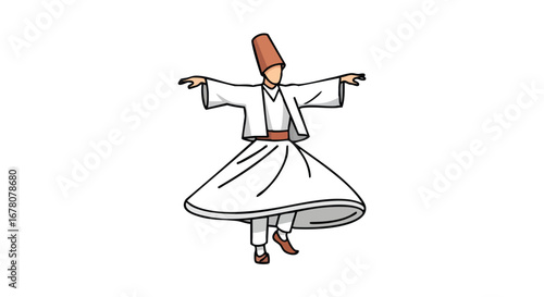 Illustration of a Whirling Dervish in traditional clothing performing the Sufi dance.