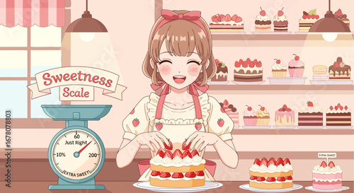 Anime confectioner arranging strawberries on cake with scales and shelves behind