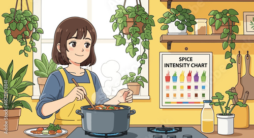 A cartoon illustration of a woman cooking a meal in a kitchen filled with plants