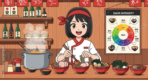 Anime-style chef expertly preparing authentic Japanese ramen dishes in her restaurant