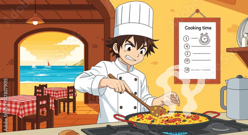 Anime chef prepares a seafood paella with a beach view backdrop and timer