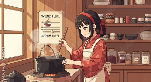 Anime girl preparing a sweet dessert in a cozy traditional kitchen setting