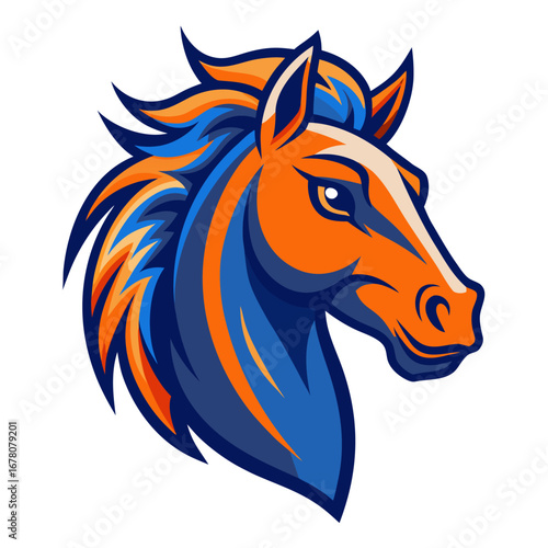 Blue-Orange Warhorse Mascot with Expressive Eyes and Stylized Mane