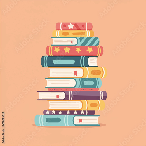A vibrant and playful stack of colorful cartoon books is rendered in a clean flat 2D illustration style on an isolated background, perfect for educational themes.
