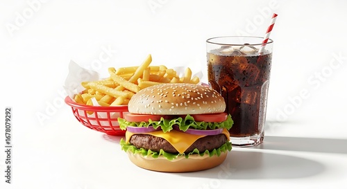 Satisfy your cravings with this classic burger, crispy fries, and refreshing cola combo, perfect for any fast-food promotion or menu design.
